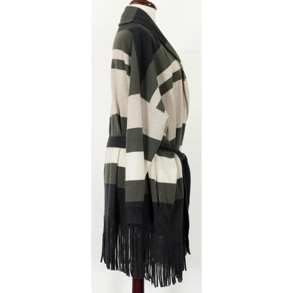 $4495 BRUNELLO CUCINELLI CASHMERE STRIPED BELTED CARDIGAN FRING BOTTOM - Picture 5 of 8
